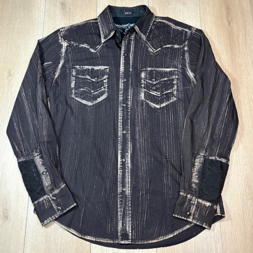 Moonshine Spirit Brad Paisley Black Distressed Western Snap Shirt Slim Fit Mesh